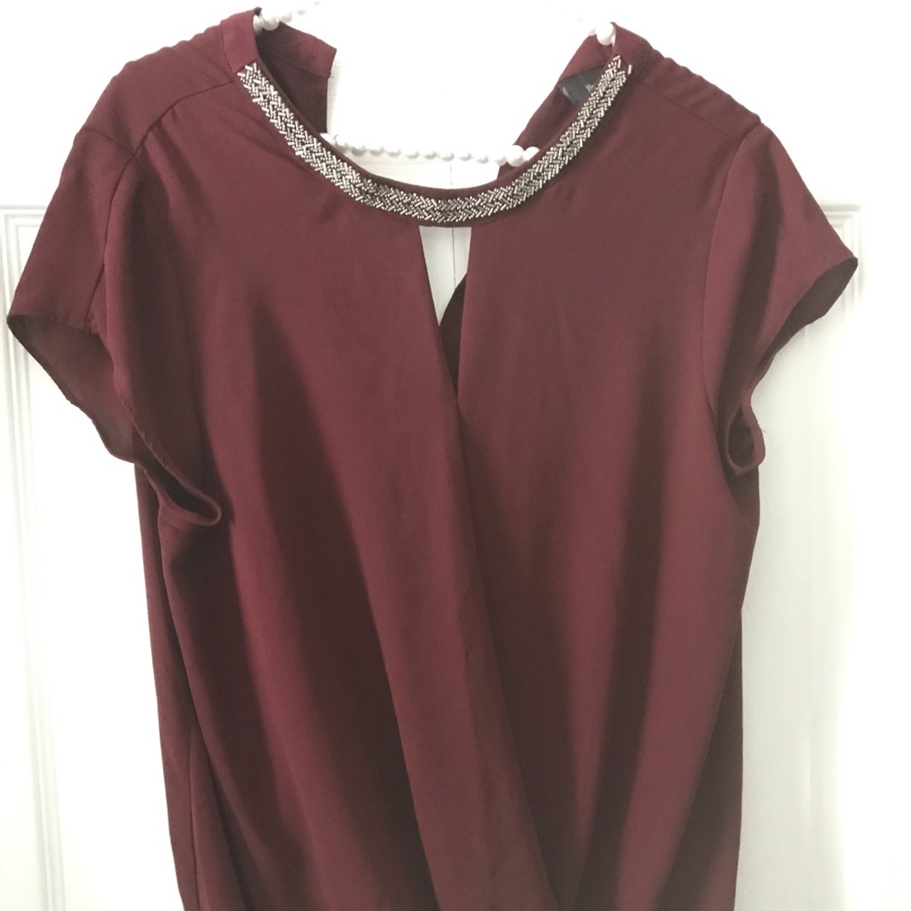 Burgundy Blouse with Beaded Neckline